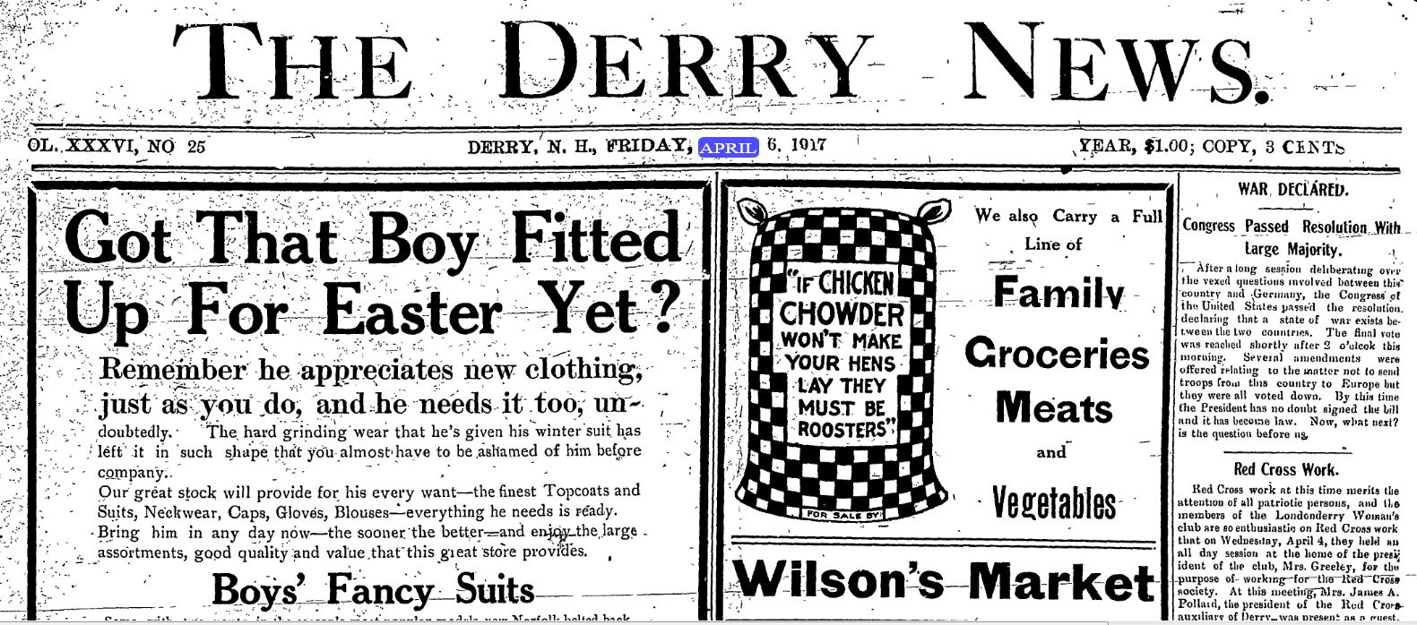 100 Years Ago NH Headlines of April 6 1917U.S. Enters World War I
