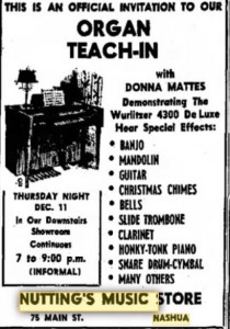 1969 advertisement in Nashua Telegraph for Nuttings Music Hall on Main Street