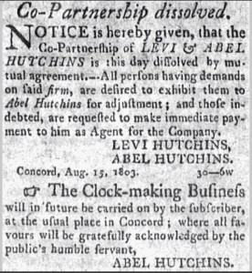 15 September 1803 Concord Herald announcement of dissolution of the Hutchins partnership