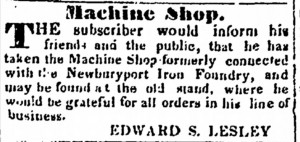 MACHINE SHOP ADVERTISEMENT January 3, 1837 Newburyport Herald, page 1