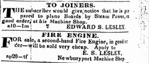 Fire engine advertisement by E.S. Lesley from Tuesday, August 30 1843 Newburyport Herald, page 4