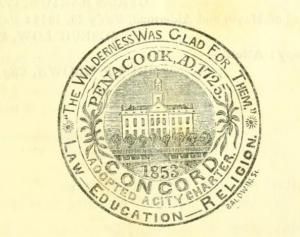 1854 Seal of Concord showing "Penacook AD 1725" and "1853 Concord Adopted City Charter"