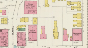1902 Sanborn Insurance Map of Nashua NH, showing the area of Main Street and Pearl. 