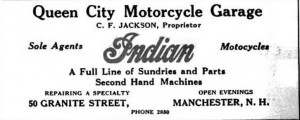 A 1915 Manchester City (NH) Directory advertisement for an Indian motorcycle