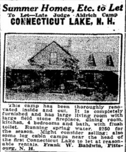 1924 advertisement of the Justice Baldwin cabin for rent.