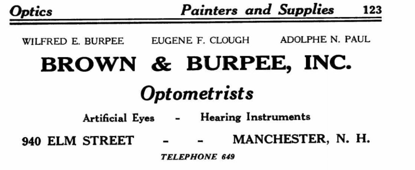 1937 advertisement for Brown & Burpee Optometrists
