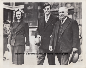 July 1942 Dominion Day Service at Westminster Abbey, London, England. From left to right: Constant (Russell) Winant [Mrs. John], John G. Winant ambassador, and M. Maisky, Russian Ambassador. 