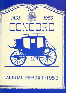Cover of Concord NH's 1952 Annual Report showing a Concord Coach and celebrating 1853-1953
