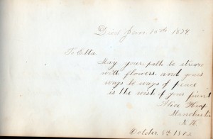 1872 autograph book inscription by Alice Heap of Manchester NH
