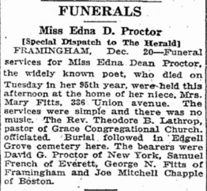 Boston Herald, December 21, 1923: Funeral Notice of Edna Dean Proctor