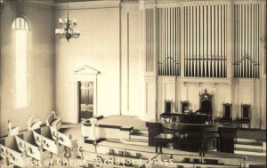 Old postcard, interior of Church of Christ, Bradford MA