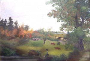 Painting by Emma Burgum circa 1852, Oil on paper over wood board, View from Countess Rumford's house. From The Edwin G. Burgum Collection, New Hampshire Historical Society Online.