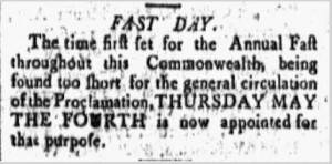 Fast Day notice in the New Hampshire Gazette newspaper April 1, 1797