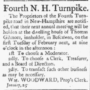 Oracle Post, Portsmouth NH, Tuesday February 5, 1805; re: Fourth N.H. Turnpike