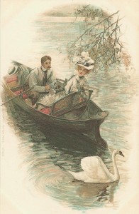 old postcard couple in rowboat