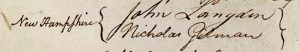 Signatures of John Langdon and Nicholas Gilman on the US Constitution document.