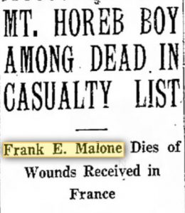 Malone Frank 1918 newspaper notice