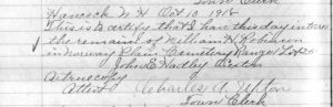 Burial records of William H. Robinson in Hancock NH.