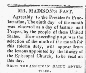 Constitutionalist newspaper (Exeter NH) on Sept 21, 1813 showing President Madison's fast day proclamation.