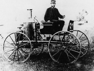Sylvester Roper and his "steam carriage" made sometime before 1870. From The Smithsonian Institution [found at Wikipedia]