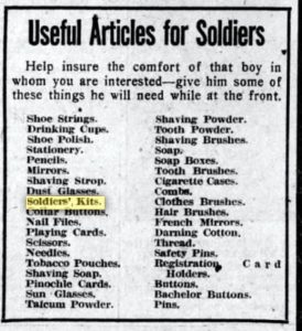 A 1917 list of "Useful Articles for Soldiers" published in several newspapers. 