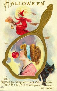 Victorian halloween card witch cat apple