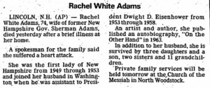 News clipping of Rachel (Adams) White's obituary