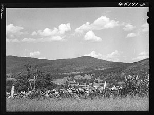 Landscape of the town of Weston, Vermont; Jack Delano photographer. U.S. Office of War Information. Overseas Picture Division. Farm Security Administration, Library of Congress.