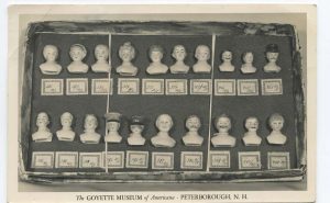 Postcard showing a collection of antique doll heads in the Goyette Museum, Peterborough NH