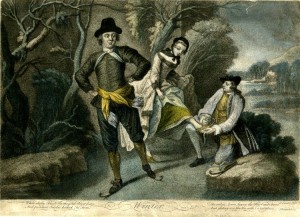 Hand-colored mezzotint with some etching; Winter (young man skating on a frozen lake, and a man helping a young woman to put her iceskates on; after Nicolas Lancret. 1758. Published by Thomas Burford. Print made by John Simon. Lettered below the image with the title, four lines of verse in two columns 'While chilly Blasts the chrystal River freeze, ... And gliding o'er the Ice with Chloe glows.' and 'N. Lancret pinxit. // J. Simon fecit. // T Burford Ex. 1758.'From The Britich Museum Collection Online.