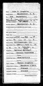 Death certificate of Col. John F. Coughlin (side 1 only)