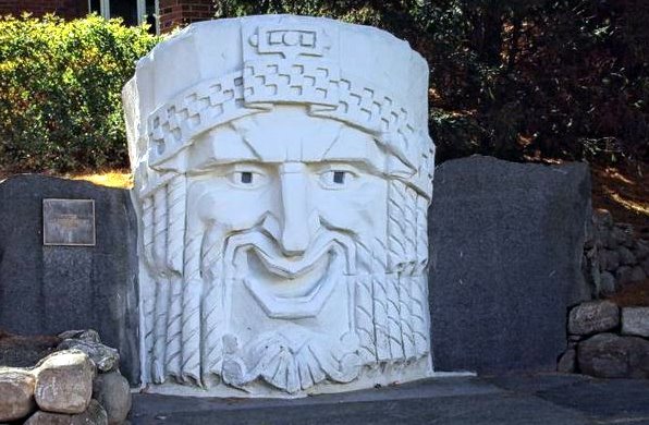 "Muse of Comedy," the art deco head originally from the State Theatre in Manchester NH, now sitting on the campus of St. Anselm College.