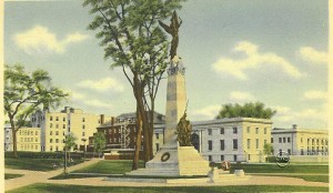 Old postcard showing the back side of the Victory monument, Manchester NH.