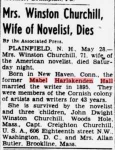Mrs. Churchill's obituary from the Evening Star newspaper, Washington DC 28 May 1945. 